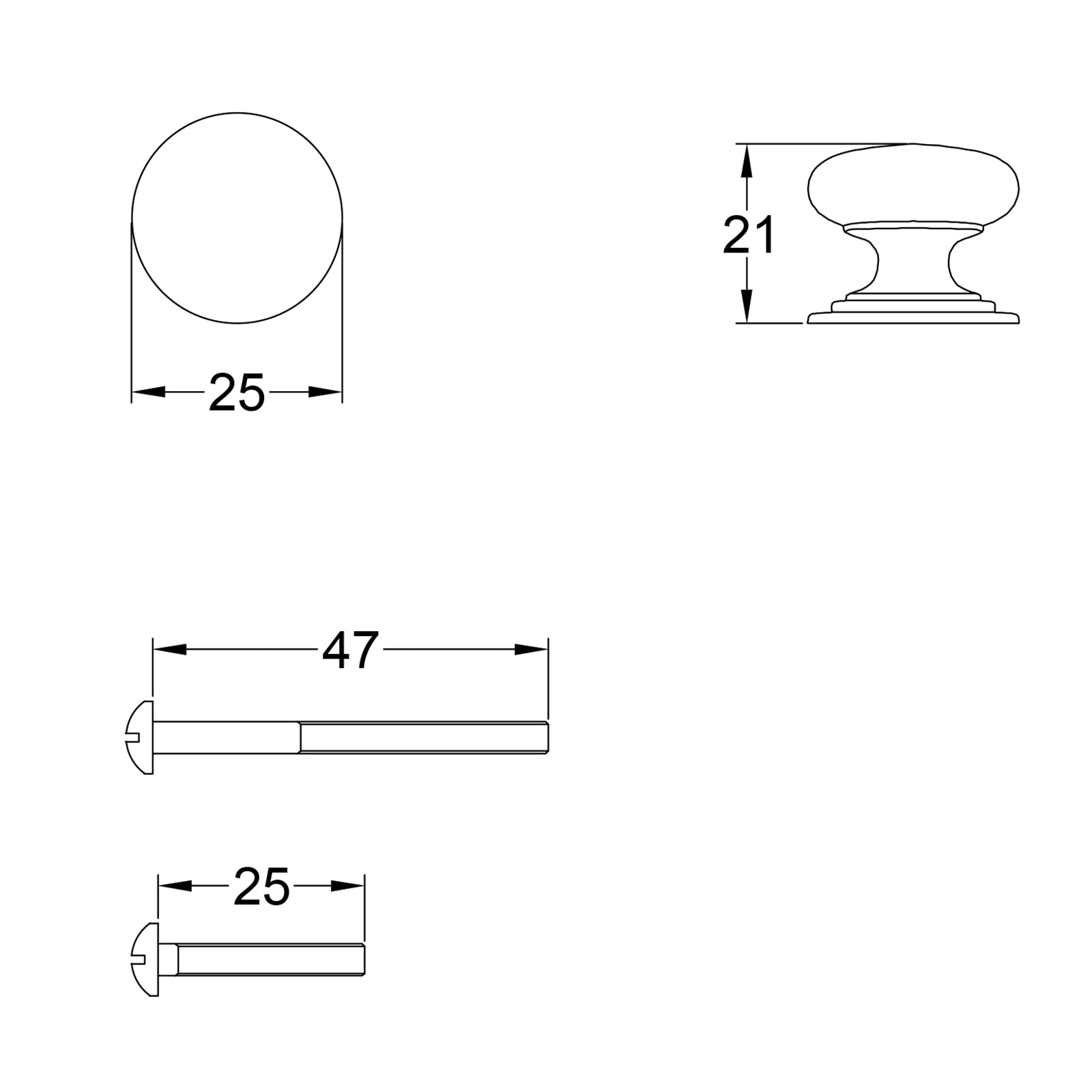 Dimension Drawing for Victorian Cabinet Knob 25mm SHOW