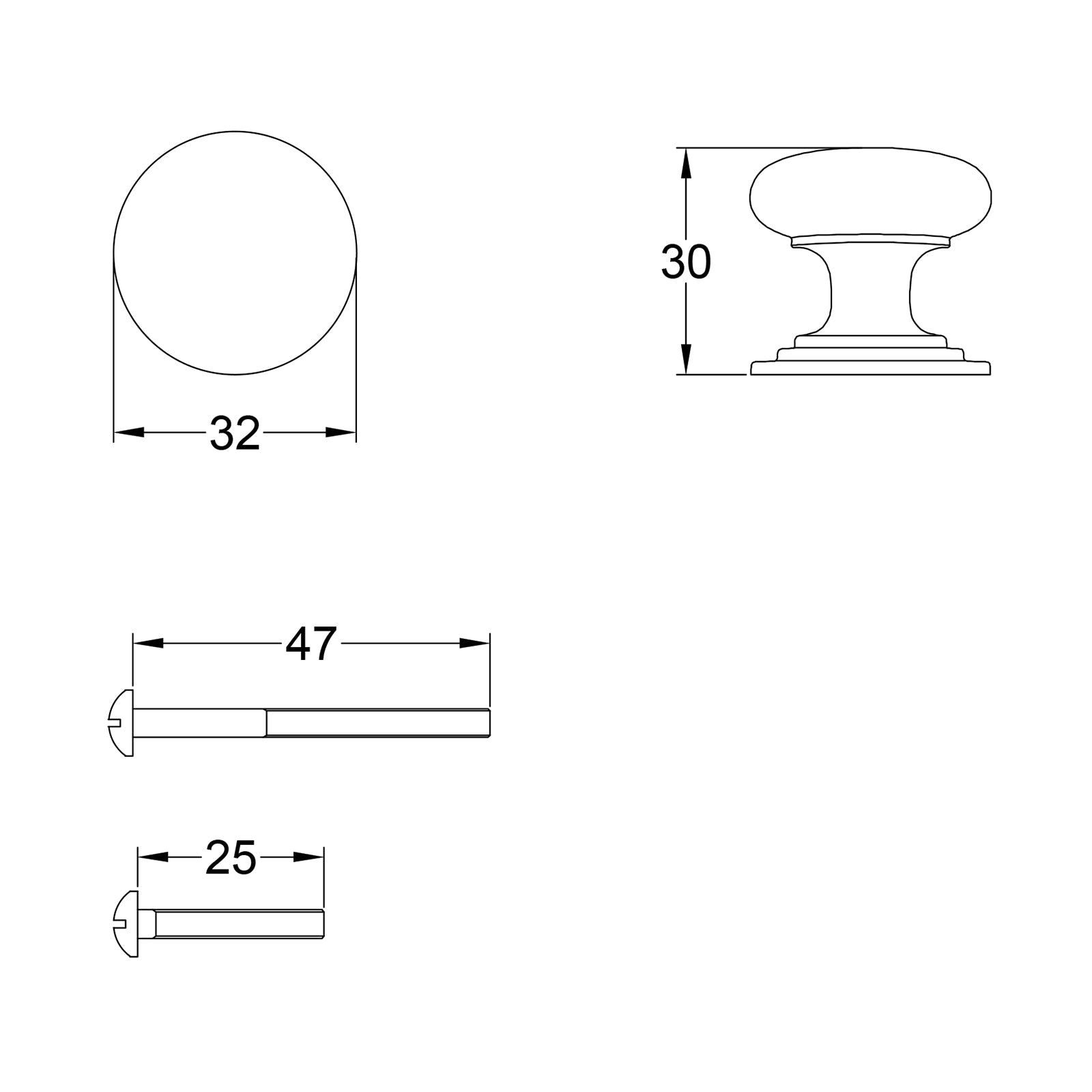 Dimension drawing for Victorian cabinet knob 32mm SHOW