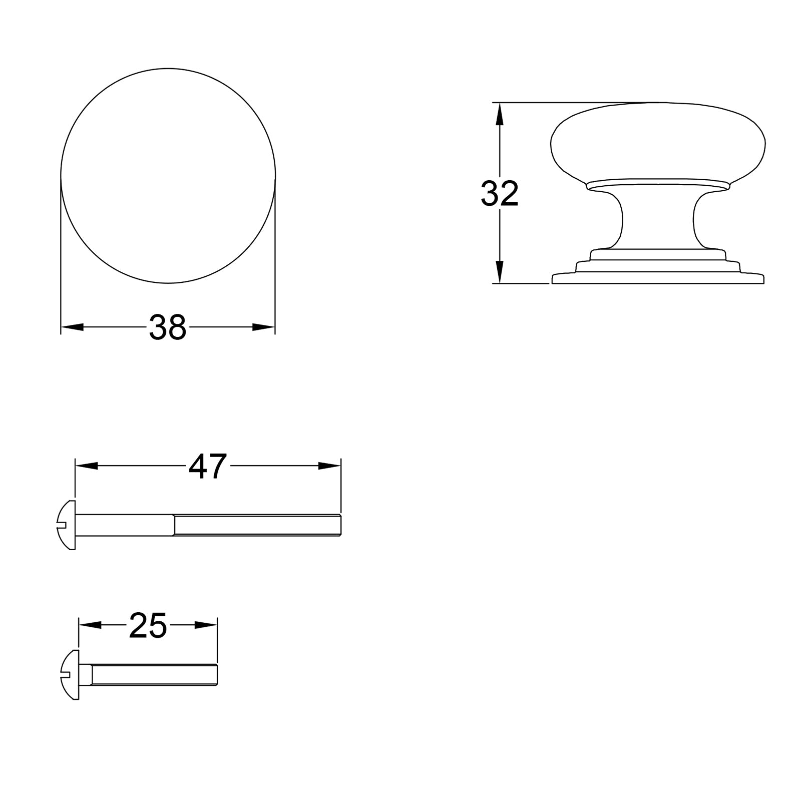 Dimension drawing for Victorian cabinet knob 38mm SHOW