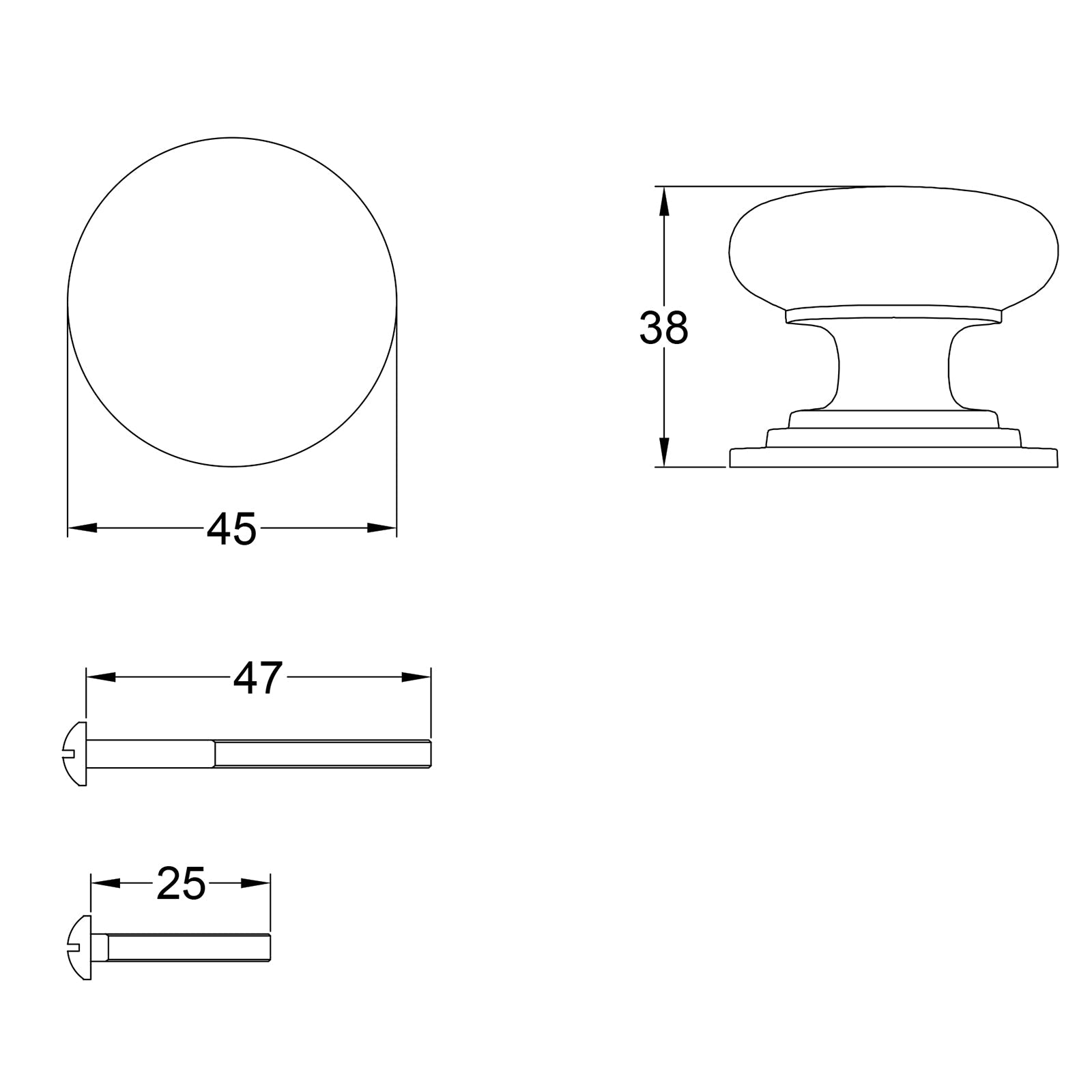 Dimension drawing of Victorian cabinet knob 45mm SHOW