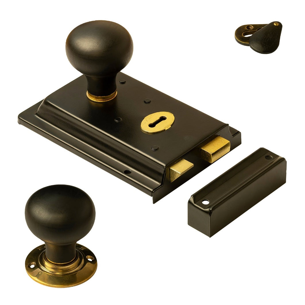 Victorian black rim lock and door knob set SHOW