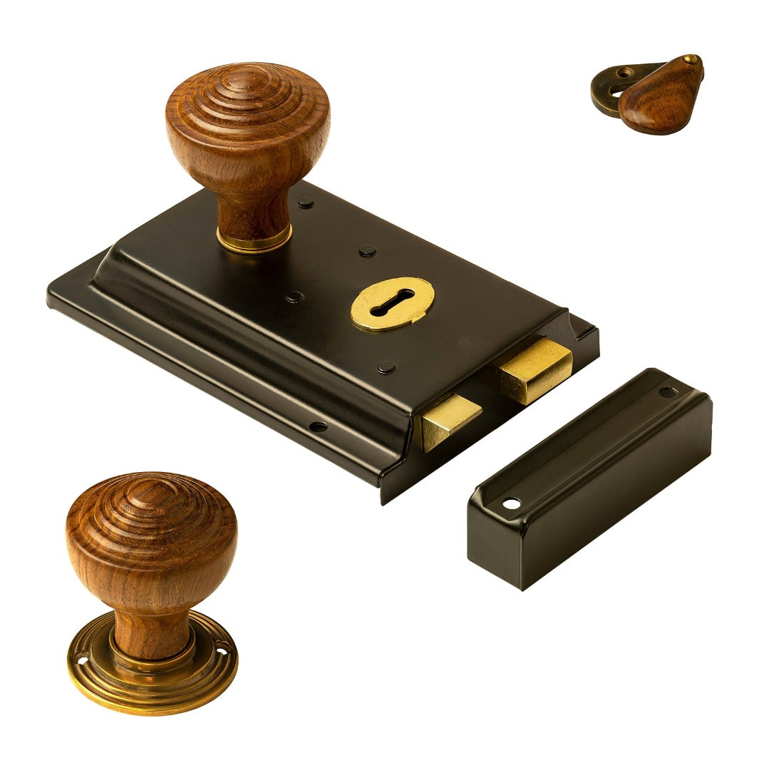 wooden door knob and rim lock set SHOW