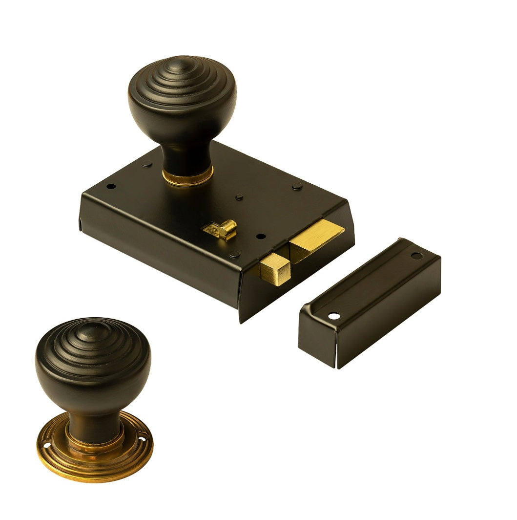 black door knob and rim lock set SHOW